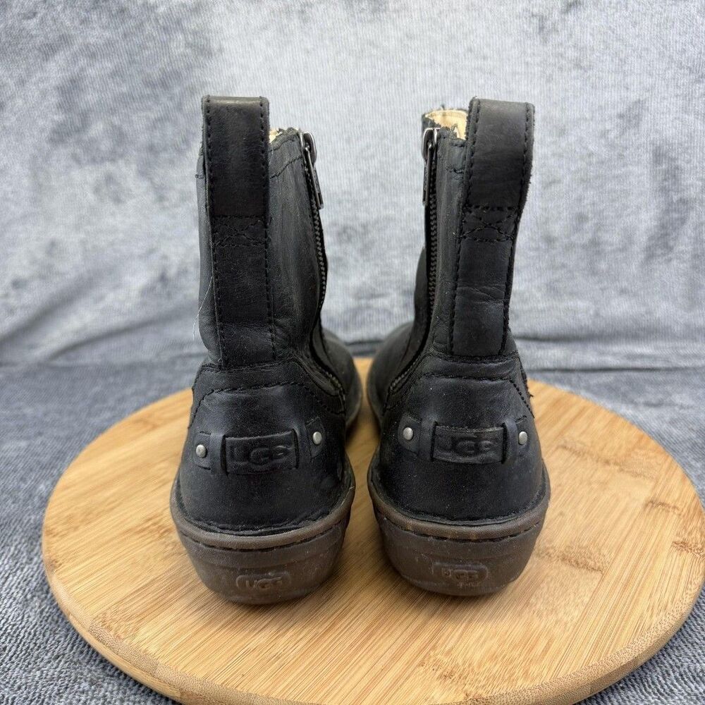 UGG Boots Womens Size 8 Black Leather Shearling Lined Ankle Zip Booties 1004177 - Picture 4 of 9